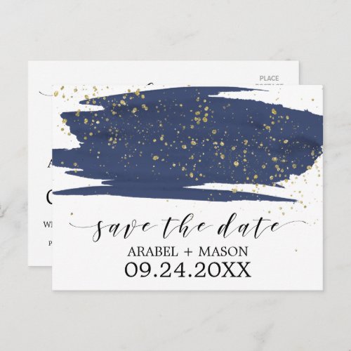 Watercolor Navy and Gold Wedding Save the Date Announcement Postcard