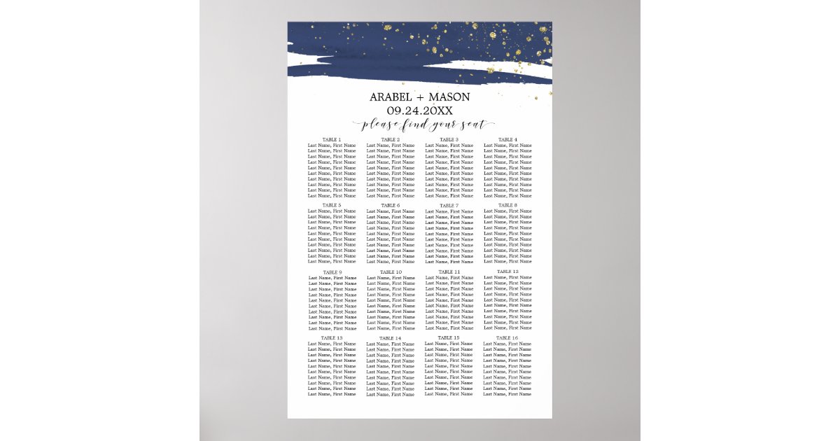Watercolor Navy And Gold Wedding Seating Chart Zazzle Com