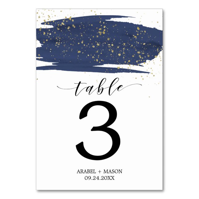 Watercolor Navy and Gold Wedding Table Number (Front)