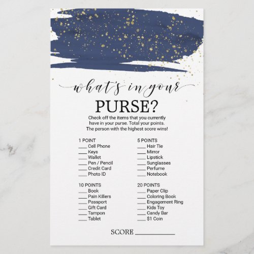 Watercolor Navy and Gold Whats In Your Purse Game Flyer