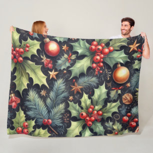 Watercolor Navy and Holly Holiday Motifs Fleece Blanket