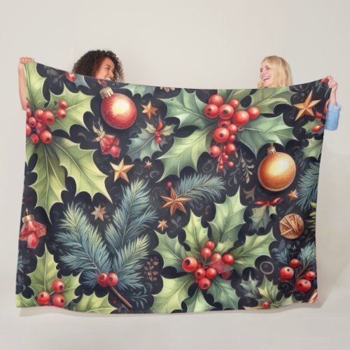 Watercolor Navy and Holly Holiday Motifs Fleece Blanket