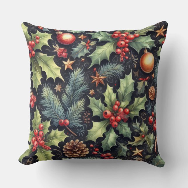 Watercolor Navy and Holly Holiday Motifs Throw Pillow (Front)