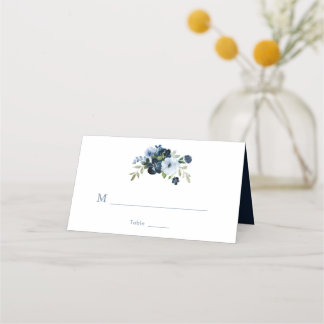 Watercolor navy and light blue floral wedding place card