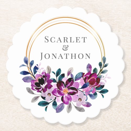 Watercolor Navy and Purple Floral Wedding Paper Coaster
