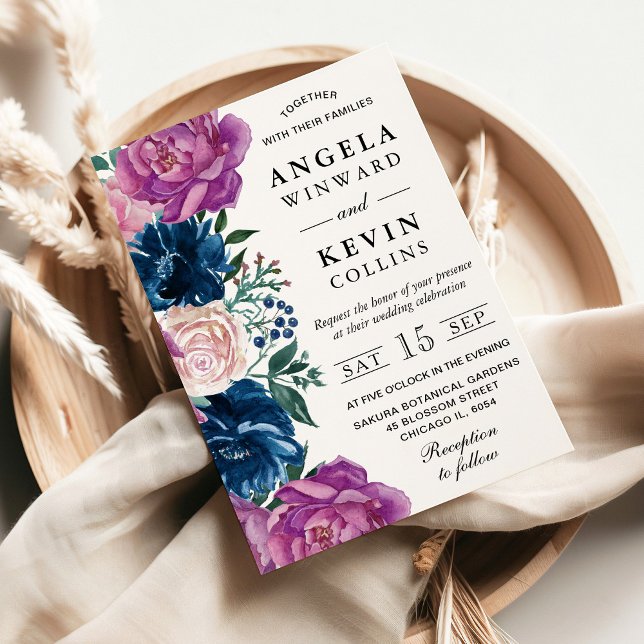 Watercolor Navy and Purple Flowers Wedding Invitation (Creator Uploaded)