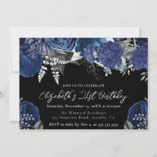 Watercolor Navy and Silver Roses 21st Birthday Invitation