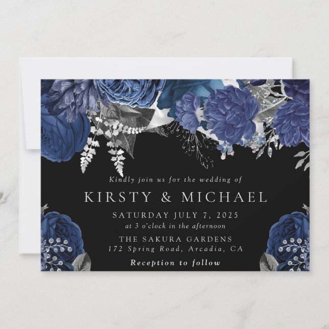 Watercolor Navy and Silver Roses Wedding Invitation (Front)