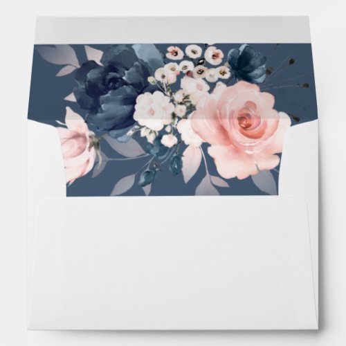 Watercolor Navy Blue and Blush Pink floral wedding Envelope