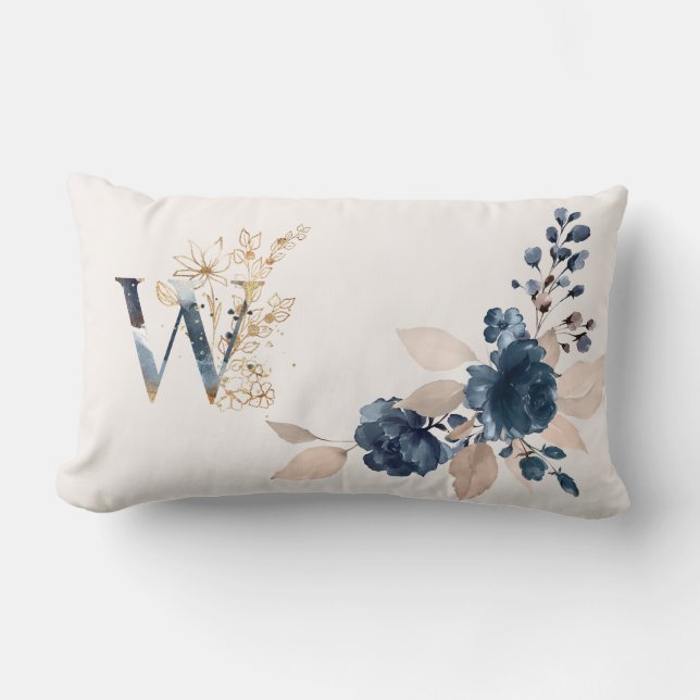 Watercolor Navy blue and golden rose Monogram Lumbar Pillow (Front)