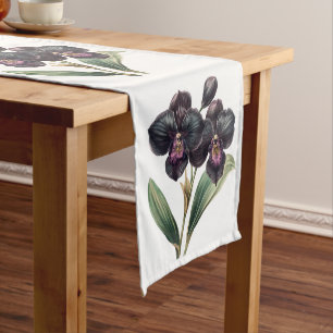 Watercolor navy blue and purple orchids short table runner