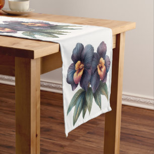 Watercolor navy blue and purple orchids short table runner