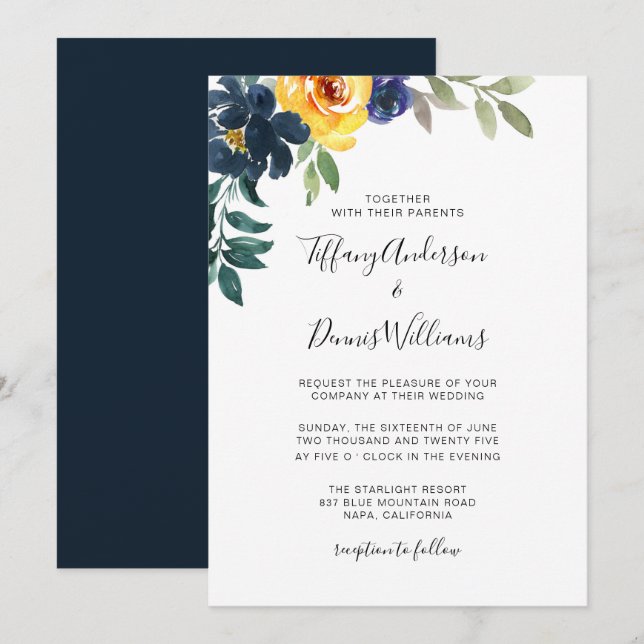 Watercolor Navy Blue and Yellow Floral Wedding  Invitation (Front/Back)