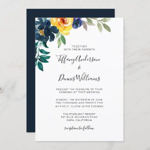 Watercolor Navy Blue and Yellow Floral Wedding Invitation
