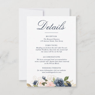 watercolor navy blue blush blooms wedding details RSVP card