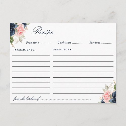 Watercolor navy blue blush pink floral recipe card