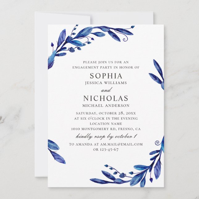 Watercolor navy blue botanical engagement party invitation (Front)