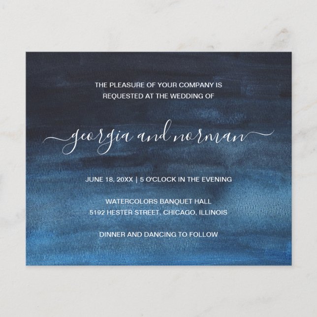 Watercolor Navy Blue Budget Wedding Invitation (Front)