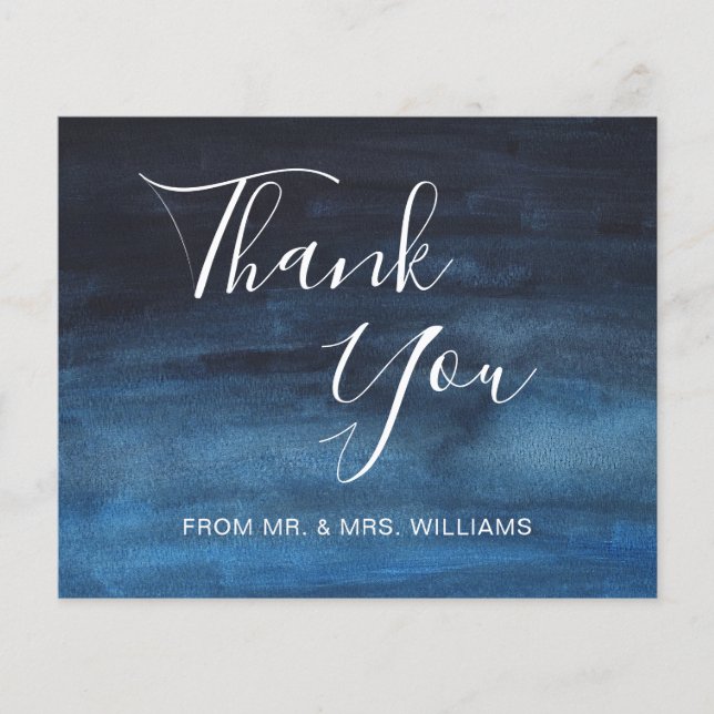 Watercolor Navy Blue Budget Wedding Thank You Card (Front)