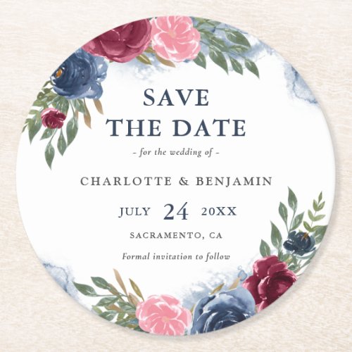 Watercolor Navy Blue Burgundy Save The Date Round Paper Coaster