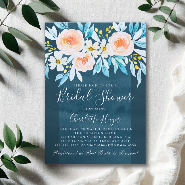 Watercolor Navy Blue Elegant Floral Bridal Shower Invitation (Creator Uploaded)