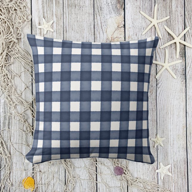 Watercolor Navy Blue Farmhouse Plaid Throw Pillow (Creator Uploaded)