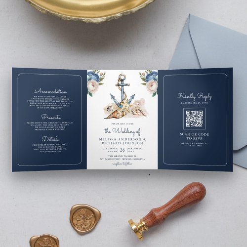 Watercolor Navy Blue Floral Anchor QR Code Wedding Tri_Fold Invitation