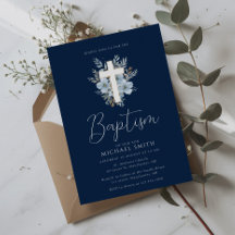 watercolor navy blue floral cross baptism