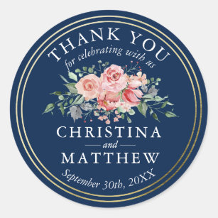 Watercolor Navy Blue Floral Gold Wedding Thank You Classic Round Sticker