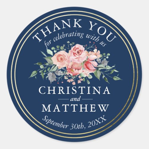 Watercolor Navy Blue Floral Gold Wedding Thank You Classic Round Sticker
