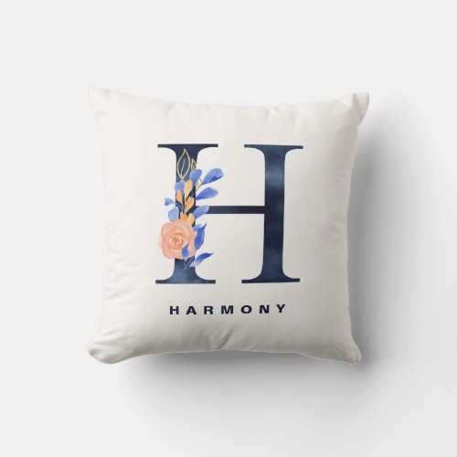 Watercolor Navy Blue Floral Letter H Monogram Throw Pillow