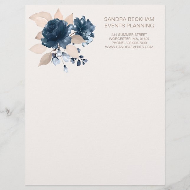 Watercolor navy blue floral letterhead (Front)