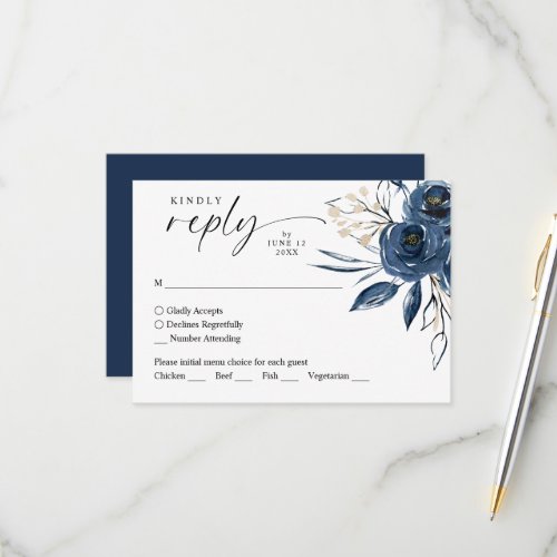 Watercolor Navy Blue Floral Wedding Response RSVP