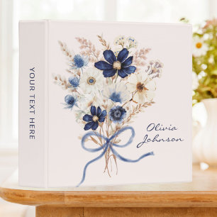 Watercolor Navy Blue Flower Bouquet Personalized 3 Ring Binder