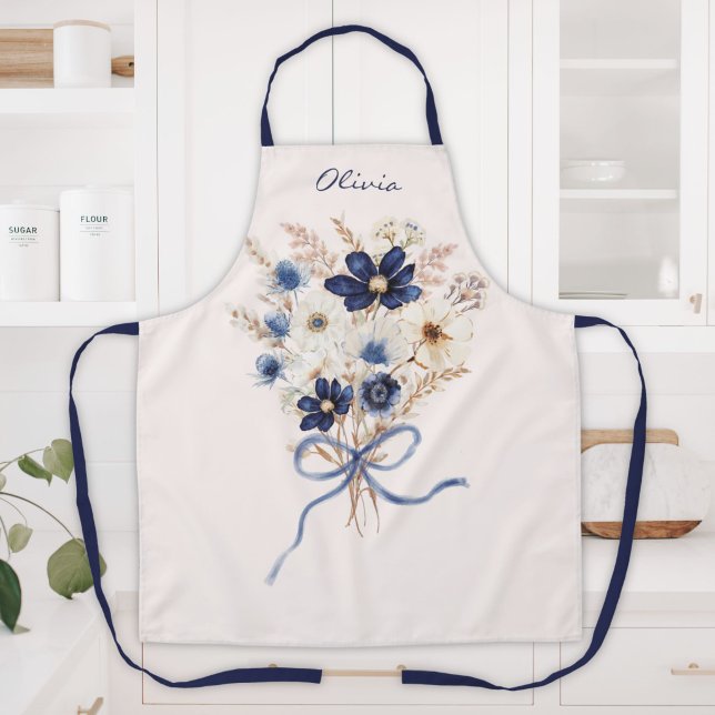Watercolor Navy Blue Flower Bouquet Personalized Apron (Creator Uploaded)