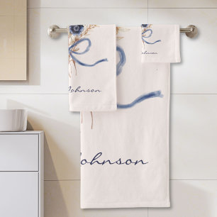 Watercolor Navy Blue Flower Bouquet Personalized Bath Towel Set