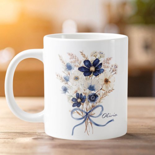 Watercolor Navy Blue Flower Bouquet Personalized Giant Coffee Mug
