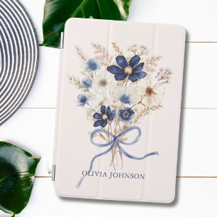 Watercolor Navy Blue Flower Bouquet Personalized iPad Mini Cover