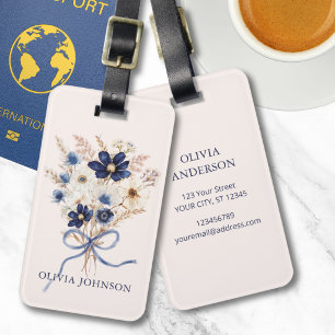 Watercolor Navy Blue Flower Bouquet Personalized Luggage Tag