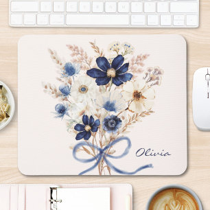 Watercolor Navy Blue Flower Bouquet Personalized Mouse Pad