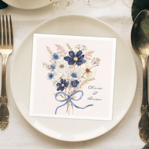 Watercolor Navy Blue Flower Bouquet Personalized Napkins