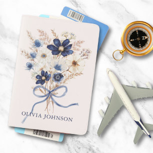 Watercolor Navy Blue Flower Bouquet Personalized Passport Holder