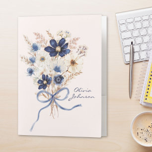 Watercolor Navy Blue Flower Bouquet Personalized Pocket Folder