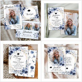 Watercolor Navy Blue Flowers Graduation Party