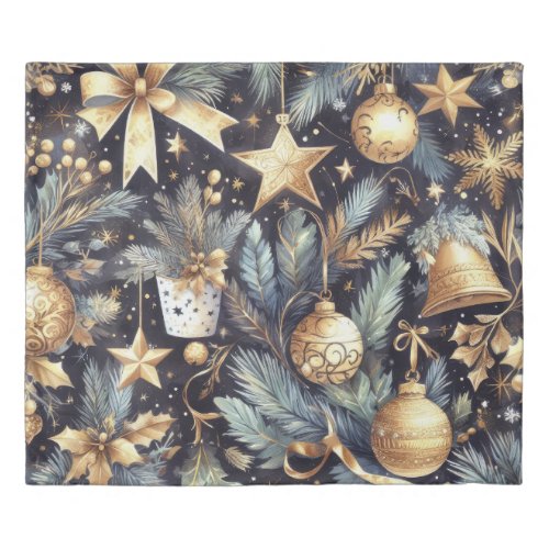 Watercolor Navy Blue Gold Christmas Motifs Holiday Duvet Cover