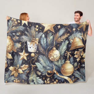 Watercolor Navy Blue Gold Christmas Motifs Holiday Fleece Blanket