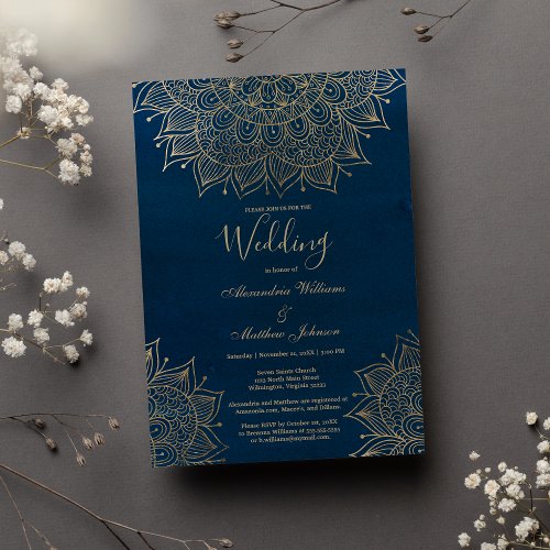 Watercolor navy blue gold floral mandala Wedding Invitation