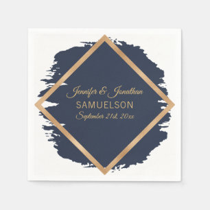 Watercolor Navy Blue Gold Frame Wedding Napkins