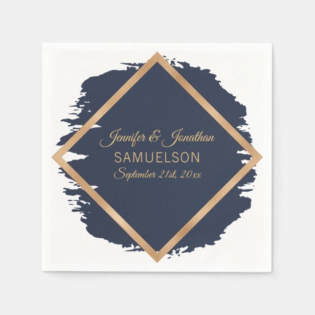 Watercolor Navy Blue Gold Frame Wedding Napkins (Front)