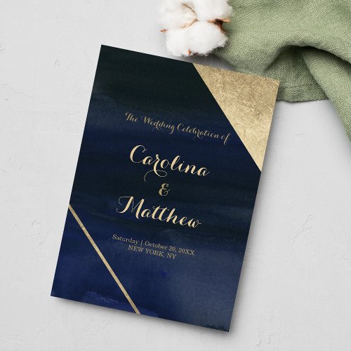 Watercolor navy blue gold glam Wedding Program